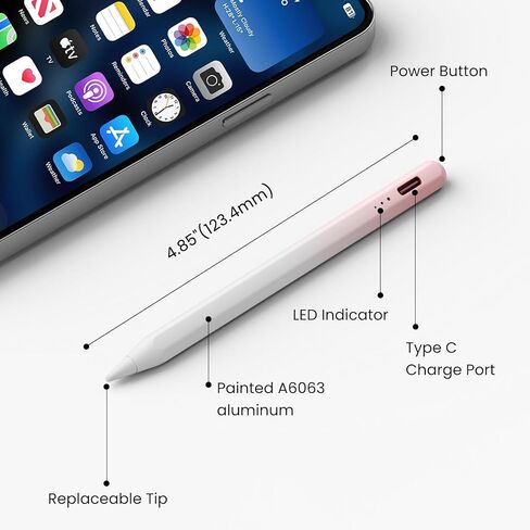 القلم القلم للجيل العاشر من الجيل العاشر ، من النوع C ، مع رفض النخيل وحساسية الميل ، متوافق مع Apple Pencil 2018-2025 ، Mini Stylus مناسبة للبالغين وربطة الأطفال in Kuwait