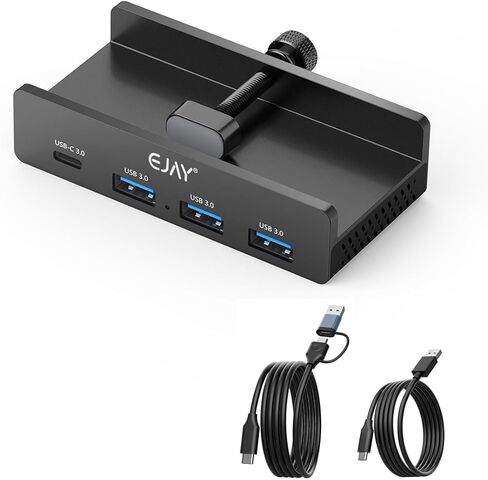 EJAY Mountable 4Ports USB3.0 HUB Alu Desktop Clamp Type C USB3.0 Splitter for Desk/Monitors with Extra Power Supply Port,59inches Data & 39inches Power Cables-5Gbps(BJ-3A1C-BK) in Kuwait