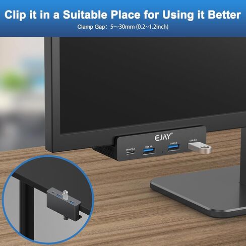 EJAY Mountable 4Ports USB3.0 HUB Alu Desktop Clamp Type C USB3.0 Splitter for Desk/Monitors with Extra Power Supply Port,59inches Data & 39inches Power Cables-5Gbps(BJ-3A1C-BK) in Kuwait