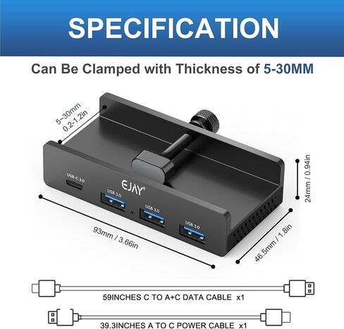 EJAY Mountable 4Ports USB3.0 HUB Alu Desktop Clamp Type C USB3.0 Splitter for Desk/Monitors with Extra Power Supply Port,59inches Data & 39inches Power Cables-5Gbps(BJ-3A1C-BK) in Kuwait