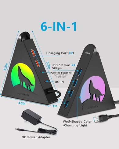 Powered USB Hub 3.0, 6-Port Hub(4 USB 3.0 Data Ports + 2 Smart Charging Ports) with RGB Night Light and Base, Powered USB Hub with 48W AC Adapter for PC, Laptop, Mac, External Hard Drives in Kuwait