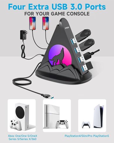 Powered USB Hub 3.0, 6-Port Hub(4 USB 3.0 Data Ports + 2 Smart Charging Ports) with RGB Night Light and Base, Powered USB Hub with 48W AC Adapter for PC, Laptop, Mac, External Hard Drives in Kuwait