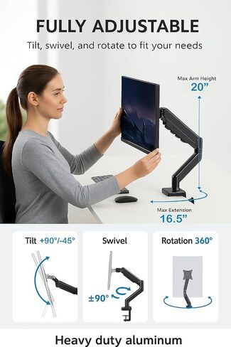 ArcadeX Single Monitor Mount, 13 to 32 Inch Gas Monitor Arm, Adjustable Stand, Vesa Mount with Clamp and Grommet Base - Fits 4.4 to 22lbs LED Computer Monitors (Black) in Saudi Arabia