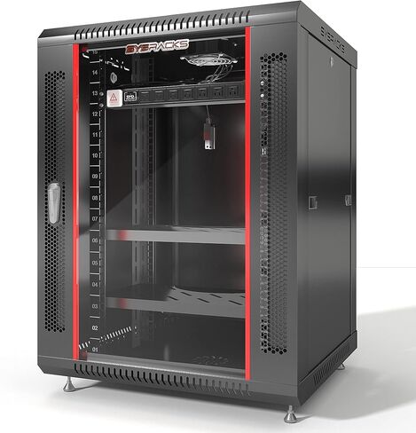 Sysracks 15U 24 inch Depth Wall Mount Server Cabinet Enclosure Rack Glass Door - 8-Way PDU - Cooling Fan - 2 Vented Shelves - Feet - Hardware in Saudi Arabia