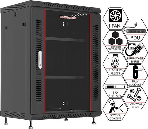 Sysracks 15U 24 inch Depth Wall Mount Server Cabinet Enclosure Rack Glass Door - 8-Way PDU - Cooling Fan - 2 Vented Shelves - Feet - Hardware in Saudi Arabia