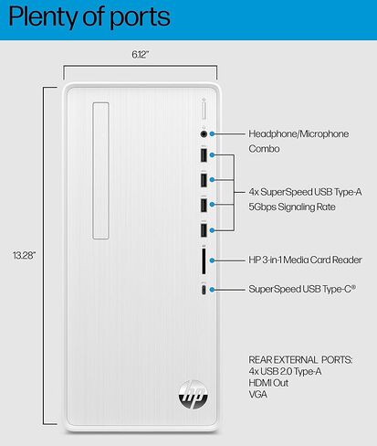 HP Pavilion Tower Tower Computer ، Intel 8-Core I7-10700F حتى 4.8 جيجا هرتز ، 32 جيجا بايت DDR4 RAM ، 1TB PCIE SSD ، Geforce GT 610 2GB ، WiFi 6 ، Bluetooth ، RJ-45 ، Type-C ، KB & Mouse ، White ، Windows 11 (READED) in Kuwait