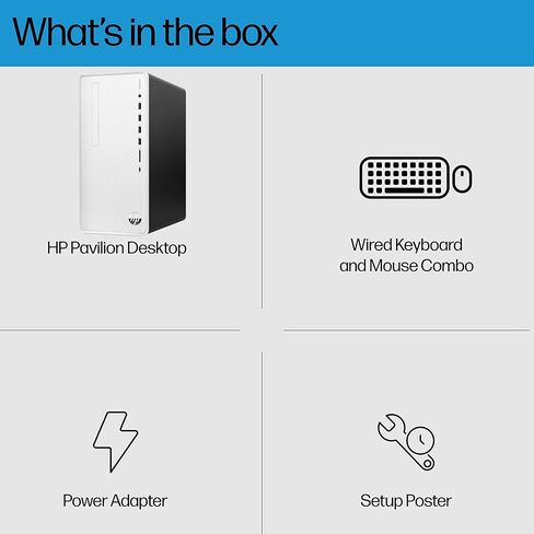 HP Pavilion Tower Tower Computer ، Intel 8-Core I7-10700F حتى 4.8 جيجا هرتز ، 32 جيجا بايت DDR4 RAM ، 1TB PCIE SSD ، Geforce GT 610 2GB ، WiFi 6 ، Bluetooth ، RJ-45 ، Type-C ، KB & Mouse ، White ، Windows 11 (READED) in Kuwait