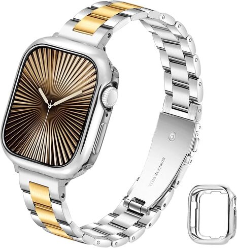 فرقة معدنية نحيفة لشرائط Apple Watch للنساء 41 مم 40 مم 38 مم من أشرطة IWATCH ذهبية مع علبة واقية ، حزام فاخر من الفولاذ المقاوم للصدأ لسلسلة Apple Watch Series 9 8 SE 7 6 5 4-Gold in Kuwait
