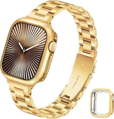 Slim Metal Band for Apple Watch Bands for Women 41mm 40mm 38mm Gold iWatch Bands with Protective Case, Stainless Steel Thin Dressy Fancy Strap for Apple Watch Band Series 9 8 SE 7 6 5 4 3-Gold in Kuwait