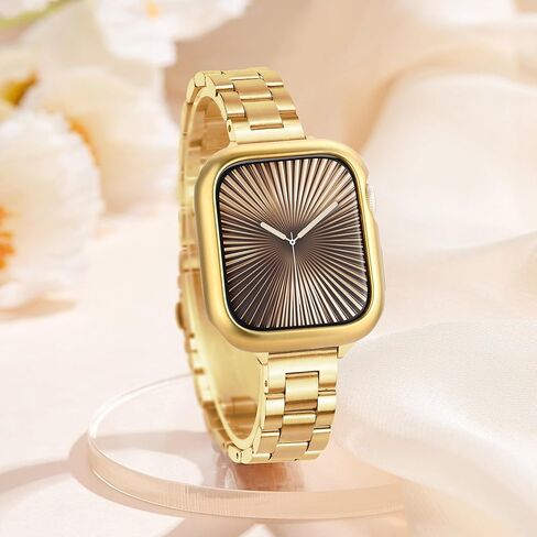 فرقة معدنية نحيفة لشرائط Apple Watch للنساء 41 مم 40 مم 38 مم من أشرطة IWATCH ذهبية مع علبة واقية ، حزام فاخر من الفولاذ المقاوم للصدأ لسلسلة Apple Watch Series 9 8 SE 7 6 5 4-Gold in Kuwait