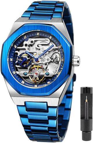 FORSINING Automatic Watch Mechanical Wrist Watch for Men Octagonal Waterproof Skeleton Watches Luxury Diamond Tourbillon Silver Stainless Steel Band in Saudi Arabia