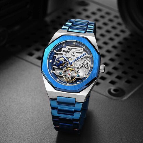 FORSINING Automatic Watch Mechanical Wrist Watch for Men Octagonal Waterproof Skeleton Watches Luxury Diamond Tourbillon Silver Stainless Steel Band in Saudi Arabia