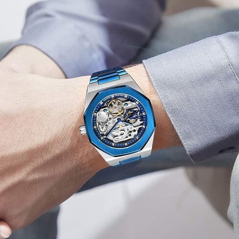 FORSINING Automatic Watch Mechanical Wrist Watch for Men Octagonal Waterproof Skeleton Watches Luxury Diamond Tourbillon Silver Stainless Steel Band in Saudi Arabia