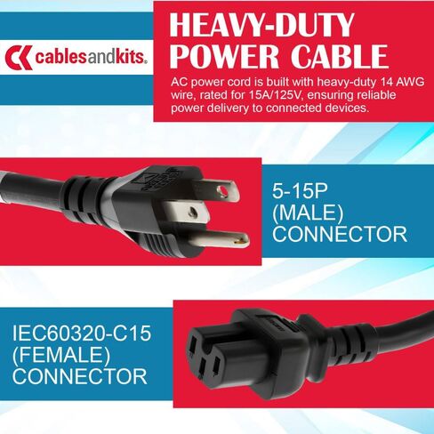 Cables and Kits - 3 Prong AC Power Cord Cable 6ft (1.8m) - 15A, 125V - 5-15P to C15 Heavy Duty 14 AWG Extension Cord Cable - Ideal for Home, Office, Appliances, Electronics, Power Tools - (Black) in Kuwait