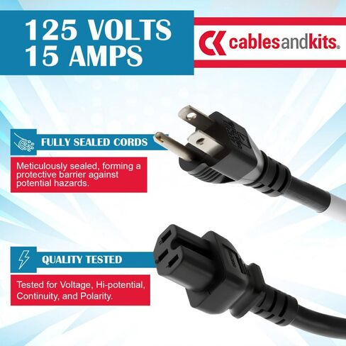 Cables and Kits - 3 Prong AC Power Cord Cable 6ft (1.8m) - 15A, 125V - 5-15P to C15 Heavy Duty 14 AWG Extension Cord Cable - Ideal for Home, Office, Appliances, Electronics, Power Tools - (Black) in Kuwait