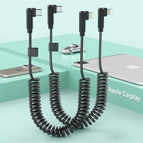 2Pack CarPlay Right Angle USB C to Lightning Coiled Coiled Charging Cable，90 Degree Elbow Apple Fast Charge Sync Data Spring Retractable Cord Adapter for iPhone 14/13/12/11/SE/Xs/Xr/8/iPad-4FT in Saudi Arabia