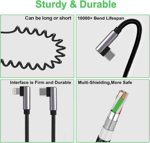 2Pack CarPlay Right Angle USB C to Lightning Coiled Coiled Charging Cable，90 Degree Elbow Apple Fast Charge Sync Data Spring Retractable Cord Adapter for iPhone 14/13/12/11/SE/Xs/Xr/8/iPad-4FT in Saudi Arabia