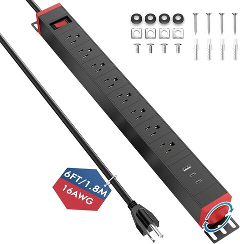 قطاع طاقة ذو 8 منافذ للخدمة الشاقة مع USB PD بقدرة 20 وات، وشريط طاقة طويل لسلك BTU بطول 6 أقدام مع USB A وUSB C، شريط طاقة معدني متباعد على نطاق واسع ومثبت على الحائط لورشة عمل مرآب المكاتب المنزلية in Kuwait