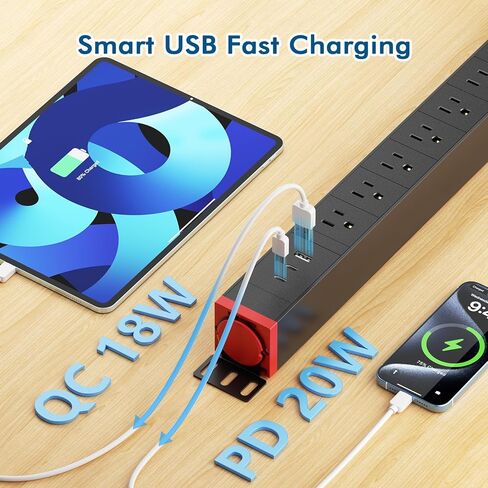 قطاع طاقة ذو 8 منافذ للخدمة الشاقة مع USB PD بقدرة 20 وات، وشريط طاقة طويل لسلك BTU بطول 6 أقدام مع USB A وUSB C، شريط طاقة معدني متباعد على نطاق واسع ومثبت على الحائط لورشة عمل مرآب المكاتب المنزلية in Kuwait