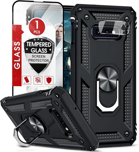 حالة Leyi for Galaxy S10e-Phone: Samsung Galaxy S10e Case with Glass Screen Protector Camera Camera Protector ، Hight Duty Ring Ring Stand Android Unlocked Funda Para SM-G970U ، Black in Kuwait
