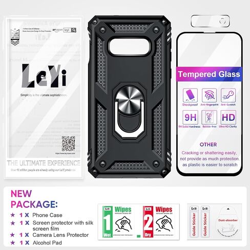 حالة Leyi for Galaxy S10e-Phone: Samsung Galaxy S10e Case with Glass Screen Protector Camera Camera Protector ، Hight Duty Ring Ring Stand Android Unlocked Funda Para SM-G970U ، Black in Kuwait