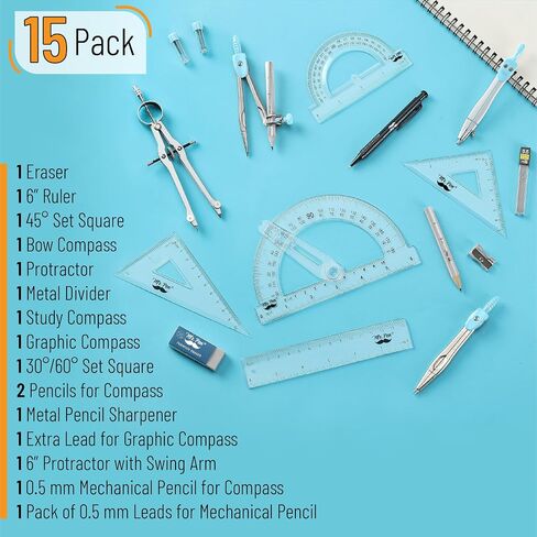 Mr. Pen Geometry Set with 6 Inch Swing Arm Protractor, Divider, Set Squares, Ruler, Compasses and Protractor, 15 Piece Set in Saudi Arabia