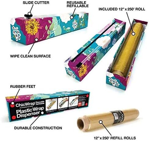 موزع تغليف بلاستيكي بالليمون من شركة شيكراب مع بكرة من البلاستيك الاحترافي بطول 30.48 سم × 650.48 سم - موزع قابل لإعادة الاستخدام مع قطاعة منزلقة in Kuwait