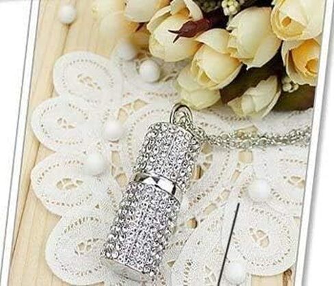 128GB USB 3.0 Flash Drive,Bling Rhinestone Diamond Crystal Glitter Lipstick Case Shining Jewelry with Necklace,Silver in Saudi Arabia