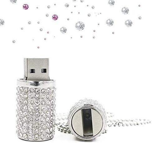 128GB USB 3.0 Flash Drive,Bling Rhinestone Diamond Crystal Glitter Lipstick Case Shining Jewelry with Necklace,Silver in Saudi Arabia