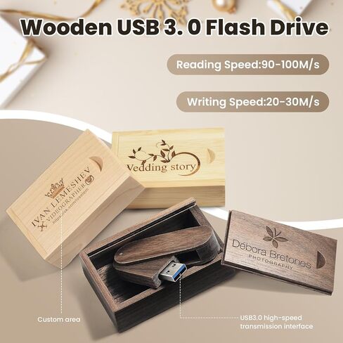 مخصص USB 3.0 محرك أقراص فلاش مع صندوق خشبي ، محرك إبهام الزفاف مع حقيبة بياضات رائعة ، عصا USB دوارة مخصصة ، محفورة شعارك ونص التخرج/الشركة/التصوير الفوتوغرافي (64 جيجابايت 10pcs) in Kuwait