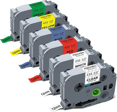 6 pack p touch label tze-131 Tze-231 Tze-431 Tze-531 Tze-631 Tze-731 Tape Tze Tz Tape 12mm 0.47 أبيض مغلفة متوافق مع صانع ملصق Brother P لـ Pt-H110 D220 1280 1290 2040 in Kuwait