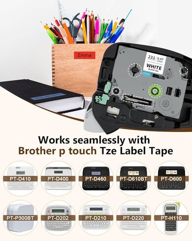 6 pack p touch label tze-131 Tze-231 Tze-431 Tze-531 Tze-631 Tze-731 Tape Tze Tz Tape 12mm 0.47 أبيض مغلفة متوافق مع صانع ملصق Brother P لـ Pt-H110 D220 1280 1290 2040 in Kuwait