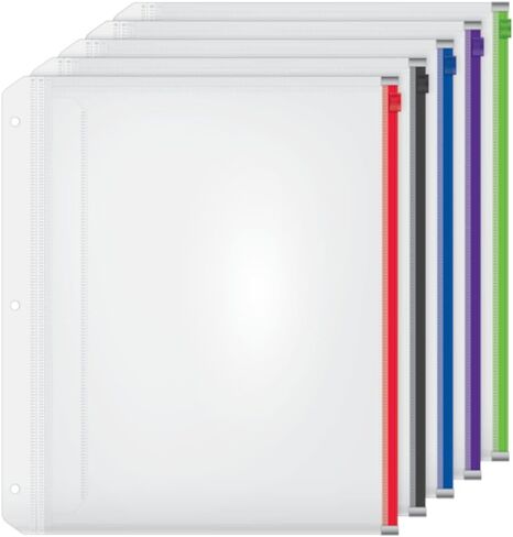 Cardinal Plastic Zippered Binder Pockets, 3-Hole Punched, Fits Full Letter Size 8-1/2" x 11" Sheets, Clear with Multicolor Zippers, 5-Pack (14650) in Kuwait