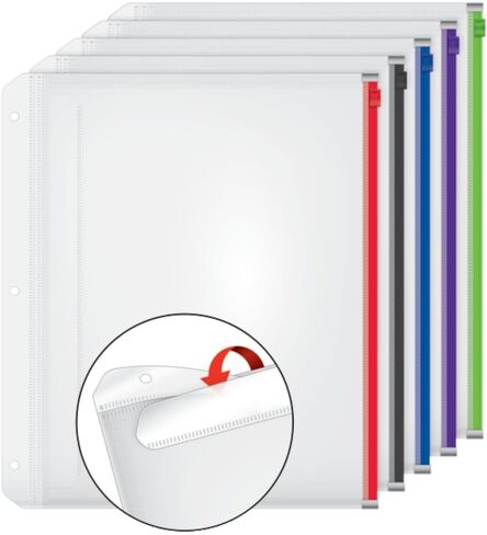 Cardinal Plastic Zippered Binder Pockets, 3-Hole Punched, Fits Full Letter Size 8-1/2" x 11" Sheets, Clear with Multicolor Zippers, 5-Pack (14650) in Kuwait