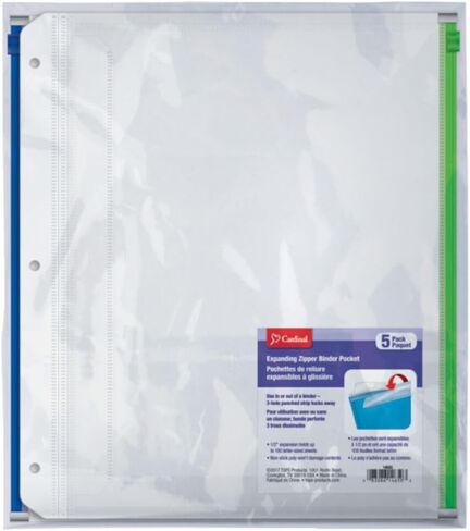 Cardinal Plastic Zippered Binder Pockets, 3-Hole Punched, Fits Full Letter Size 8-1/2" x 11" Sheets, Clear with Multicolor Zippers, 5-Pack (14650) in Kuwait