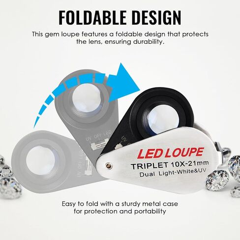 10x Foldable Pocket Magnifier Loupe with UV and LED Light for Jewelry, Rocks, Coins, and Antiques - Illuminated Magnifying Tool for Eye, Stamps, Watches, Hobbies, and Gems in Kuwait
