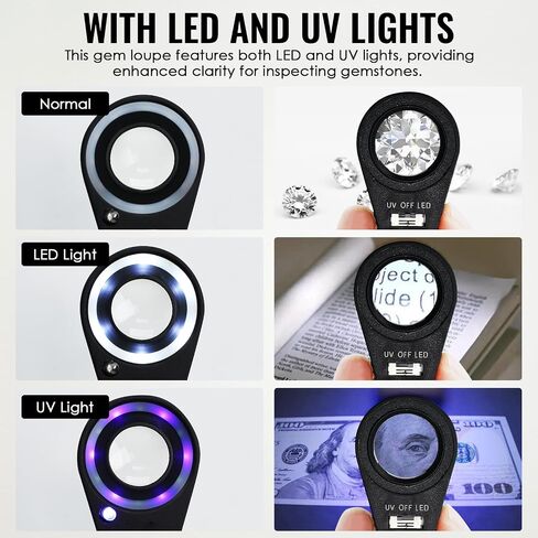 10x Foldable Pocket Magnifier Loupe with UV and LED Light for Jewelry, Rocks, Coins, and Antiques - Illuminated Magnifying Tool for Eye, Stamps, Watches, Hobbies, and Gems in Kuwait
