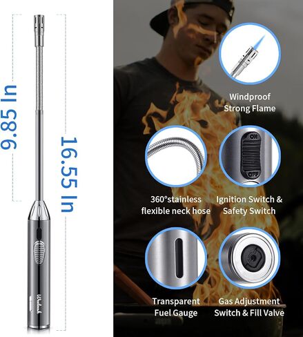 Long Grill Lighter,Refillable Butane Lighter,Adjustable Fire Jet Torch,Windproof Flexible with Visual Fuel Window for Candles Grill BBQ Fireplaces Kitchen Camping(Butane Gas Not Included) in Kuwait