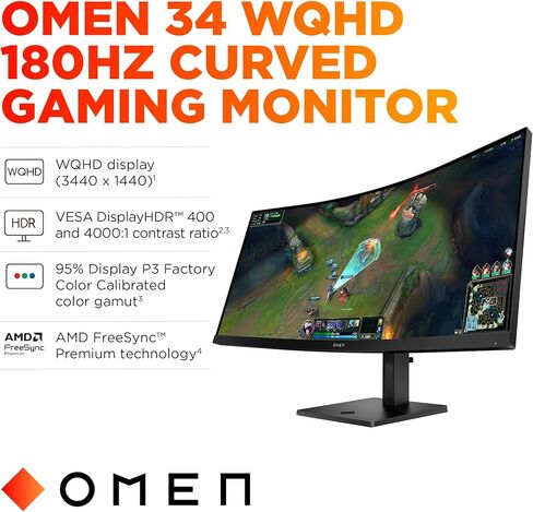 HP OMEN 34 بوصة WQHD 180Hz ألعاب منحنية ، شاشة QHD واسعة (3440 × 1440) ، لوحة VA ، VESA DisplayHDR 400 ، 1MS MPRT (مع Overdrive) ، AMD Freesync Premium Technology ، Black 34C G2 (2025) in Kuwait