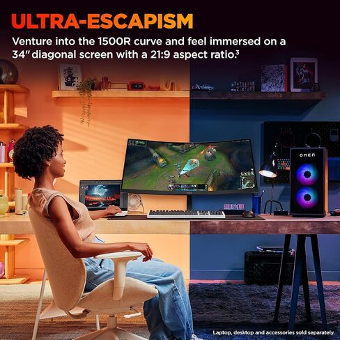 HP OMEN 34 بوصة WQHD 180Hz ألعاب منحنية ، شاشة QHD واسعة (3440 × 1440) ، لوحة VA ، VESA DisplayHDR 400 ، 1MS MPRT (مع Overdrive) ، AMD Freesync Premium Technology ، Black 34C G2 (2025) in Kuwait