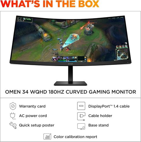HP OMEN 34 بوصة WQHD 180Hz ألعاب منحنية ، شاشة QHD واسعة (3440 × 1440) ، لوحة VA ، VESA DisplayHDR 400 ، 1MS MPRT (مع Overdrive) ، AMD Freesync Premium Technology ، Black 34C G2 (2025) in Kuwait