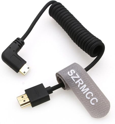 SZRMCC HDMI to Mini HDMI Left Angle 8K 2.1 Ultra High Speed Coiled Braided Cable for Sony CX7,A7 II,A7S II, Canon EOS 70D/80D, Nikon D500,D7500,Z6/Z7 Pan-asonic Lumix Fuji Camera in Saudi Arabia