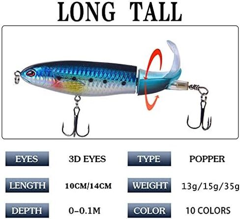 Whopper Popper Topwater Floating Fishing Fishing Tail Tail for Bass - 10 Color و 3 Size in Saudi Arabia