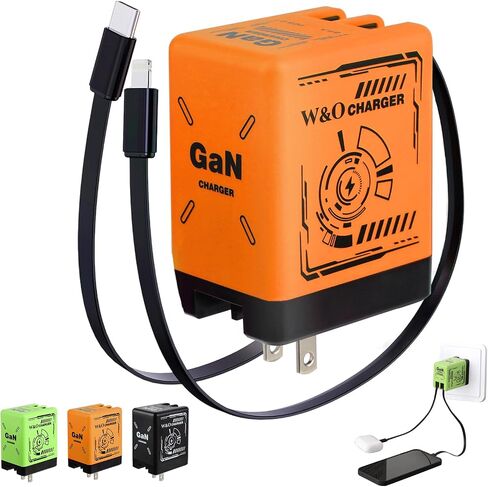 W & O 2-in-1 GAN متوافق مع شاحن سريع ، شاحن GAN الشحن السريع ، شحنات الهاتف القابلة للسحب مع كابلات البرق والكابلات C ، شواحن قابلة للطي لـ iPhone ومعظم Android in Kuwait