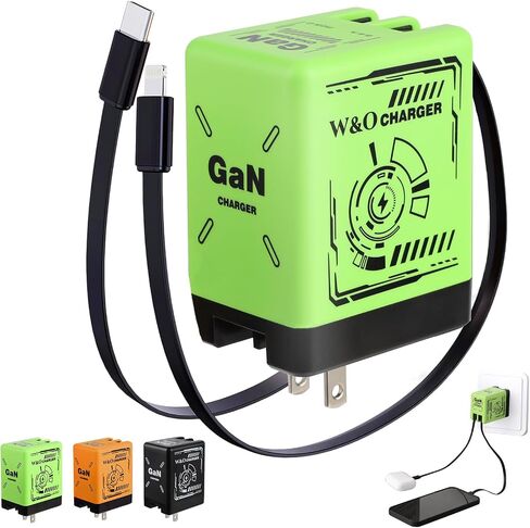 W & O 2-in-1 GAN متوافق مع شاحن سريع ، شاحن GAN الشحن السريع ، شحنات الهاتف القابلة للسحب مع كابلات البرق والكابلات C ، شواحن قابلة للطي لـ iPhone ومعظم Android in Kuwait