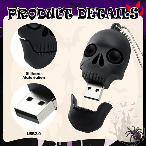 Halloween USB Flash Drive 32GB - Skull Shape with Beaded Chain USB 2.0 Memory Stick, 40MB/s Speed FAT32 Format, Gift Box for Horror Cosplay/Party Accessories (Black) in Saudi Arabia