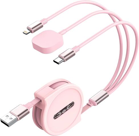شاحن Apple Watch القابل للسحب الوردي لأجهزة متعددة ، 3 في 1 USB iPhone iPhatch Charger Cord Cable Multi Charging Cable لـ Apple Watch 10/9/8/Ultra 2 ، iPhone 16/15/14 ، Galaxy in Kuwait