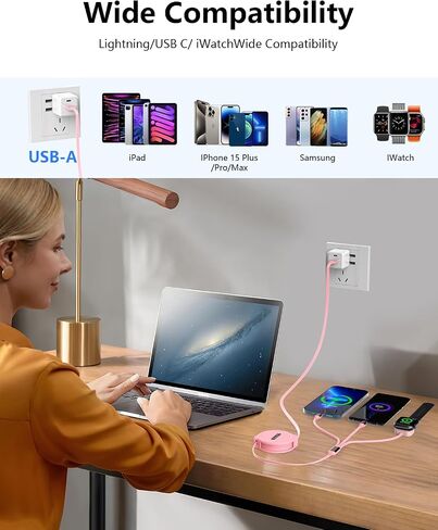 شاحن Apple Watch القابل للسحب الوردي لأجهزة متعددة ، 3 في 1 USB iPhone iPhatch Charger Cord Cable Multi Charging Cable لـ Apple Watch 10/9/8/Ultra 2 ، iPhone 16/15/14 ، Galaxy in Kuwait