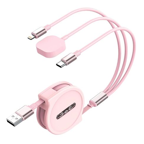 شاحن Apple Watch القابل للسحب الوردي لأجهزة متعددة ، 3 في 1 USB iPhone iPhatch Charger Cord Cable Multi Charging Cable لـ Apple Watch 10/9/8/Ultra 2 ، iPhone 16/15/14 ، Galaxy in Kuwait