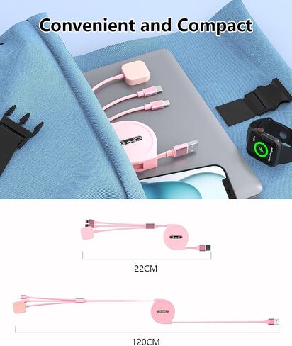 شاحن Apple Watch القابل للسحب الوردي لأجهزة متعددة ، 3 في 1 USB iPhone iPhatch Charger Cord Cable Multi Charging Cable لـ Apple Watch 10/9/8/Ultra 2 ، iPhone 16/15/14 ، Galaxy in Kuwait